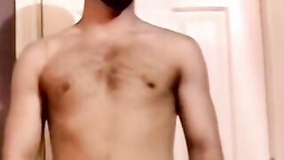 Young amateur strokes his cock and receives a helping hand