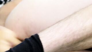 Solo gay gently fingers himself before riding huge dildo
