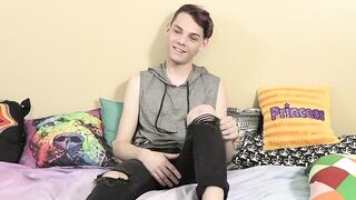 Young man interviewed and then he touches his big cock