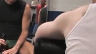 Back in the gym, creamy redhead Tim Rusty pumps away at thepreacher curl while Joey O