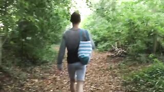 Amateur goes to the woods to ride a dildo while jerking off