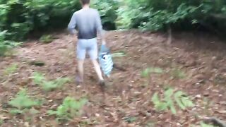 Amateur goes to the woods to ride a dildo while jerking off