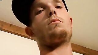 Slim thug jerks his big cock off and cums loads on his belly