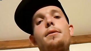 Slim thug jerks his big cock off and cums loads on his belly