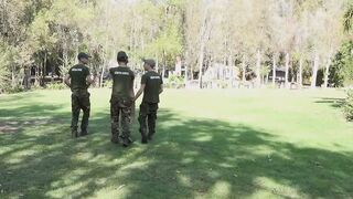 Horny soldiers take turns on fucking intruder Rene Sava tight ass