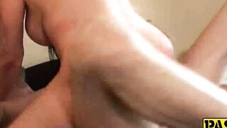 Busty dark haired hottie Devon Breeze riding big hard dick