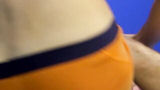 Slim young gay spreads legs for bareback fuck after blowjob