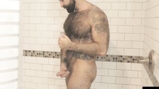 HardcoreBears.com - Bear washes his furry body and spanks his thick beefy ass
