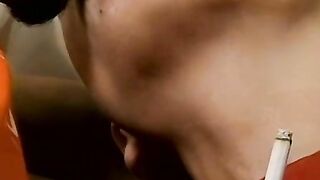 Hairy Ashley and smooth Jeremiah swap smoking and end it with a cum facial