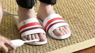 Hunky Aldo got a tickle torment while standing in his sandals by a hairy guy