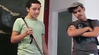 Twinks play act with all the BDSM gear while enjoy orgy