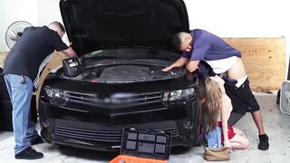Horny grease monkey drills a teen wildly in the garage