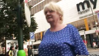 Big titted blonde grandma satisfies young stranger