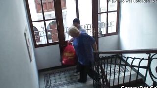Big titted blonde grandma satisfies young stranger