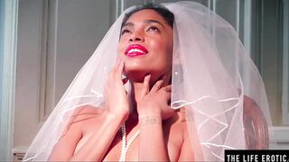 African bride wears her veil while she fucks herself with a bottle