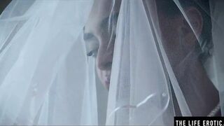 African bride wears her veil while she fucks herself with a bottle