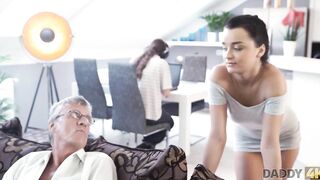 DADDY4K. Dark Hair pleases her erotic needs with bf's father's cane