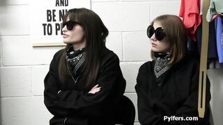 Teenie duo busted and fuck at the backoffice