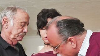 Short haired teen with tattoos dicked by two old guys