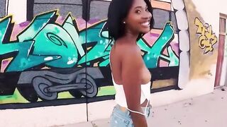 Exhibitionist chick Boni Brown takes white dick into her black twat