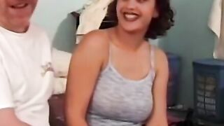 Young busty babe blowing and riding mature big cock for cum
