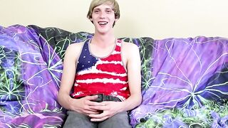 Twink jerking off after the interview and moaning all alone