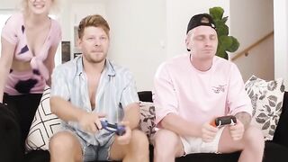 Happy gamer bros Share Big Titted Blonde Spectacle-wearing Turned On Roommate Into Cum-filled 3Some