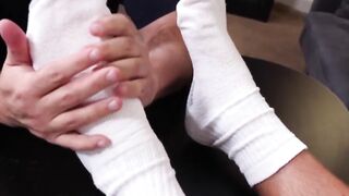 Hunky Brad got his sweaty socks sniffed and fee sucked by a hairy guy