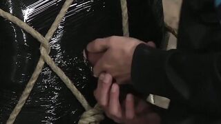 Bound and blind folded slave enjoys a handjob from master