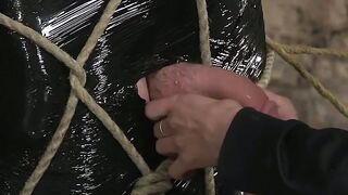 Bound and blind folded slave enjoys a handjob from master