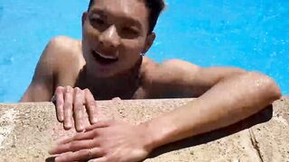 Sweet looking twink Kai Cho tugs his meaty bulge and cums all over himself