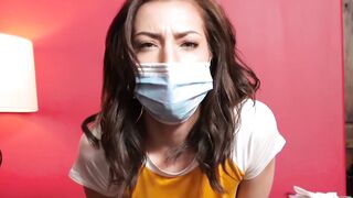 Voluptuous chick takes off mask to suck stepbrothers dick