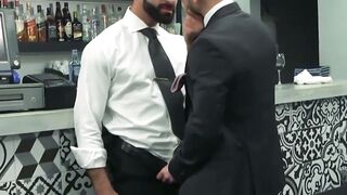 Inked classy hunk Matthew Anders drilling hairy businessman