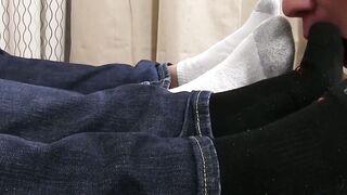 Gay guys and their feet are worshiped through socks by hunk