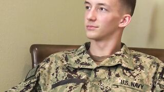 Young soldier in uniform strips naked and starts to wank off