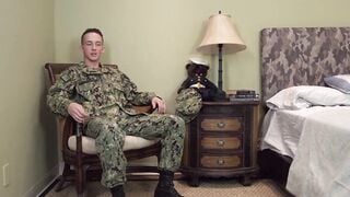 Young soldier in uniform strips naked and starts to wank off