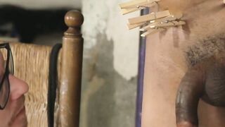 Captive Elio Amari takes all the painful pegs pinching his naked sexy body