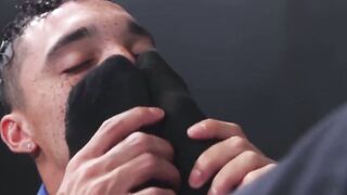 MaleFeetXXX.com - AJ Sloan's lustful footjob on jock Amone Bane's cock while stroking
