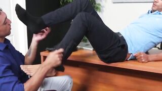 MaleFeetXXX.com - AJ Sloan's lustful footjob on jock Amone Bane's cock while stroking