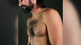 Bearded and Hairy Mason Lear breeds Elliot Finn who is blindfolded and on his sexy jo