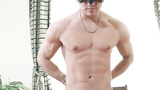 MaskXXX.com - Masked muscular hunk loves jerking off his huge cock on chair