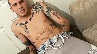 Inked straight thug PS kicks back and strokes out a load
