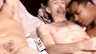 Ebony amateur gives blowjobs in an interracial gay threeway