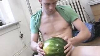 Young Troy fucked the watermelon deeply with his massive cock
