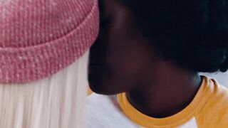 Black muff diver with small tits licked by cute white girl