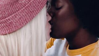 Black muff diver with small tits licked by cute white girl