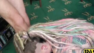 Inked British babe Piggy riding daddy Pascal after rough BJ