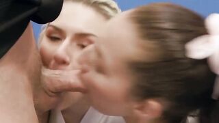 Naughty besties ride throbbing dick after their training
