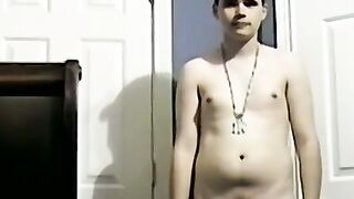 Solo youngster wanks off his hairy cock and cums on himself