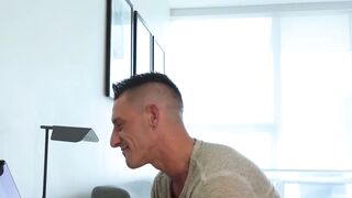 Damian Rose kneels down and worships Jax Thirio massive cock